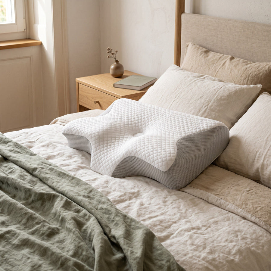 Coussin ergonomique à mémoire de forme Nukka posé sur un lit