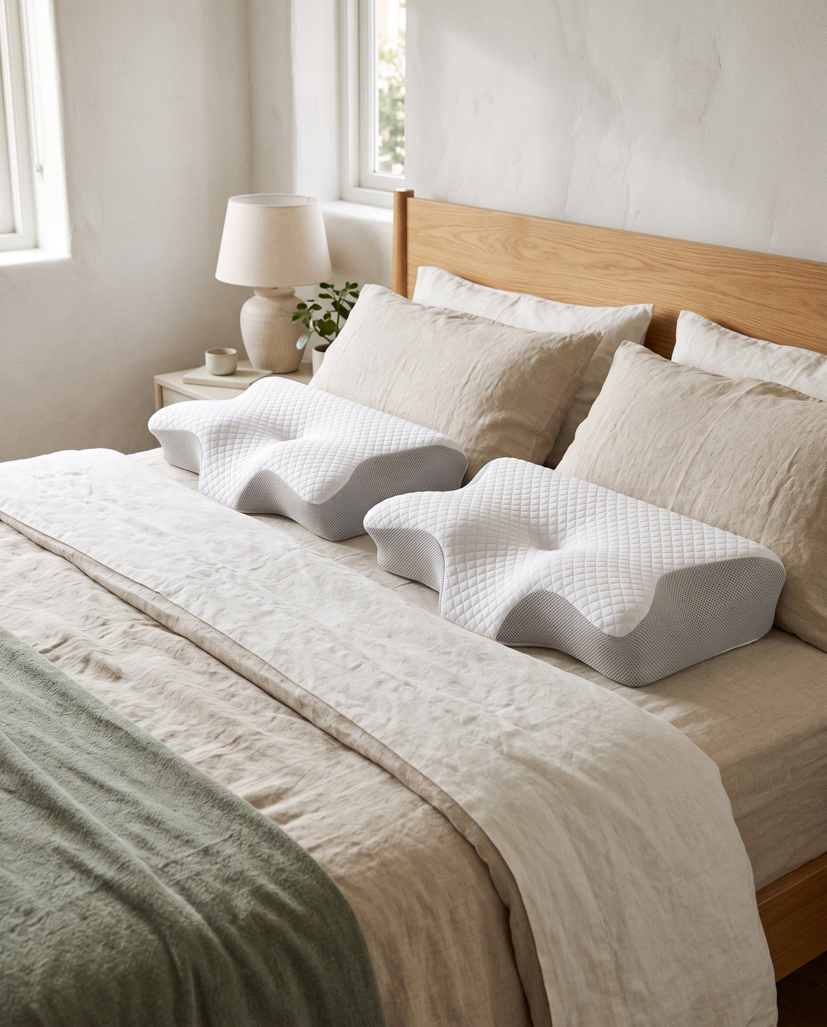 Deux oreillers cervicaux Nukka sur un lit double, pack Duo