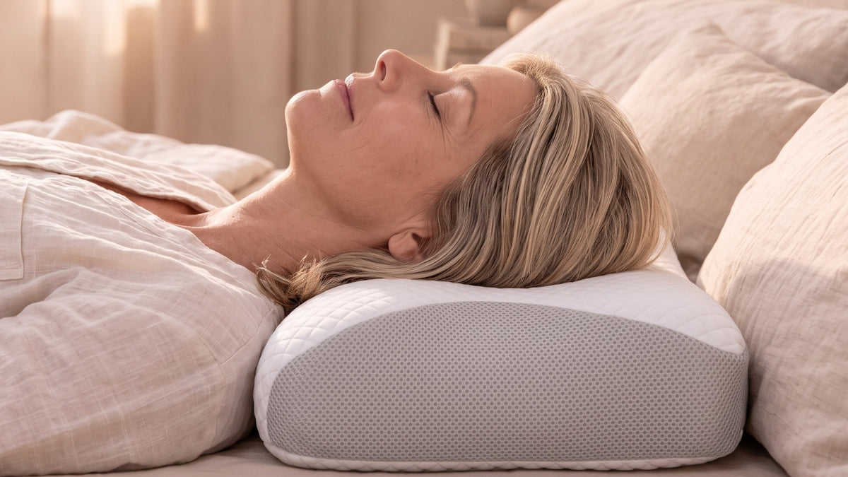 Femme allongée sur le dos, la nuque soutenue par le bord cervical de l oreiller Nukka Care